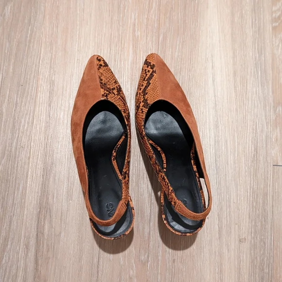 Mango Faux Snakeskin Suede Slingback Heels Size US 9.5 Cognac - Picture 3 of 15